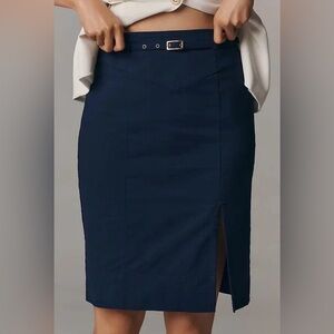 ANTHROPOLOGIE NWT $138 Belted Solid Navy Pencil Skirt in Magic Fabric Size M